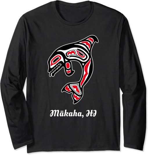 Native Makaha Hawaii Red Orca Killer Whale Long Sleeve T-Shirt