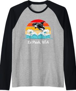 La Push WA Vintage Distressed Orca Killer Whale Art Raglan Baseball Tee