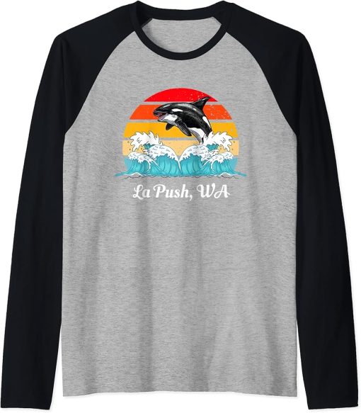 La Push WA Vintage Distressed Orca Killer Whale Art Raglan Baseball Tee